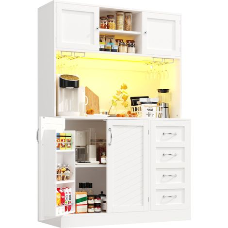 Buffet latéral / meuble de rangement / meuble de cuisine / buffet, 120x40x188cm, avec éclairage LED, étagère à snacks et porte-gobelets, 4 portes et 2 grands tiroirs, Vert/Noir/Blanc (1/5)