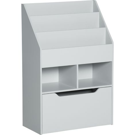 HOMCOM Kids Bookshelf Bookcase with Storage Drawer with Wheels Toy Organiser Grey (1/5)