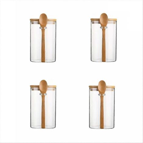Bonbonnière en verre transparent avec couvercle en bambou hermétique et cuillère (1/5)