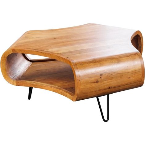 Mesa baja NERA 90 cm en madera maciza de acacia con nicho y patas de metal negro – estilo retro industrial