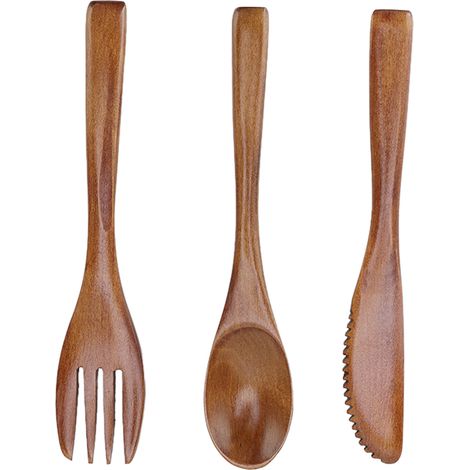 Ensemble de 3 couverts en bois Phoebe à manche droit, réutilisables, pour la maison. (1/5)