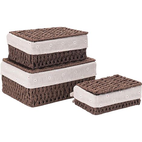 Set of 3 Woven Storage Baskets with Lid and Lining – Stackable Rectangular Boxes for Bedroom, Bathroom, Shelves (Dark Brown) (1/5)