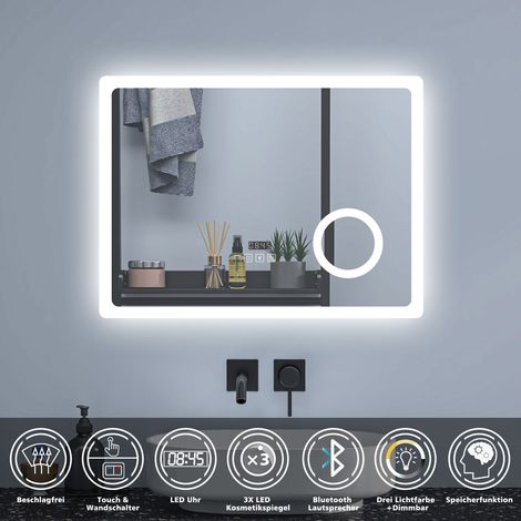 80 x 60 cm Badezimmerspiegel LED Badspiegel Wandspiegel Touch Beschlagfrei+Uhr+Bluetooth+Kosmetikspiegel+3 Farben Dimmbar+LED Memory Funktion (1/5)