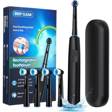 Brosse à dents électrique (noire), tête ronde 3D, poils souples, chargement USB-C, blanchiment et nettoyage des dents (1/5)