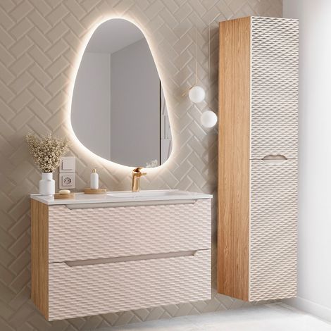 Conjunto de muebles con lavabo individual encastrado lado derecho 90cm y columna Elora Beige y madera (1/5)
