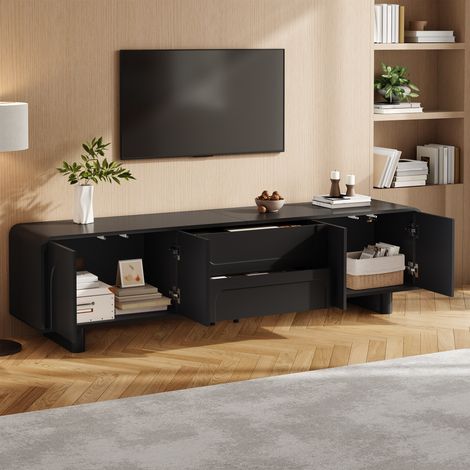 Mobile TV con 4 Ante, 2 Cassetti e Passacavi, Design Moderno, per Soggiorno, MDF e Pannello di Particelle Nero, 180×40×46 cm (1/5)