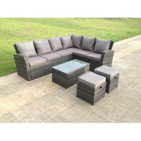 Fimous 8-Sitzer High Back Rattan Gartenmöbel Set Ecksofa mit länglichen Couchtisch Hockern (1/4)