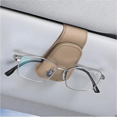 Porte-Lunettes De pour Voiture, Magnétique en Cuir Clip Cintre De Lunettes pour Voiture, Support De Lunettes De Soleil De Visière Voiture Universel avec Pince à Carte (Beige) (1/5)