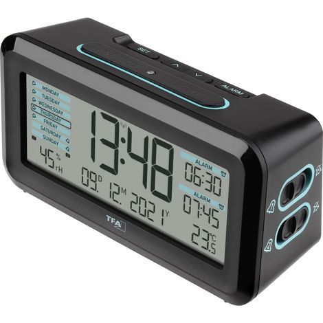 TFA Dostmann 60.2562.01.GB Funk Wecker Schwarz, Hellblau Alarmzeiten 2  Großes Display