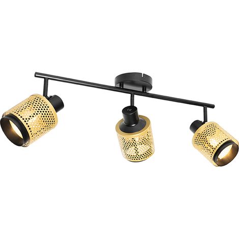 Qazqa – Spot mural et plafond 3 lumières – Noir et or – Acier – Longueur 84 cm – Dimmable – Éclairage intérieur pour salon, chambre, cuisine, salle à manger