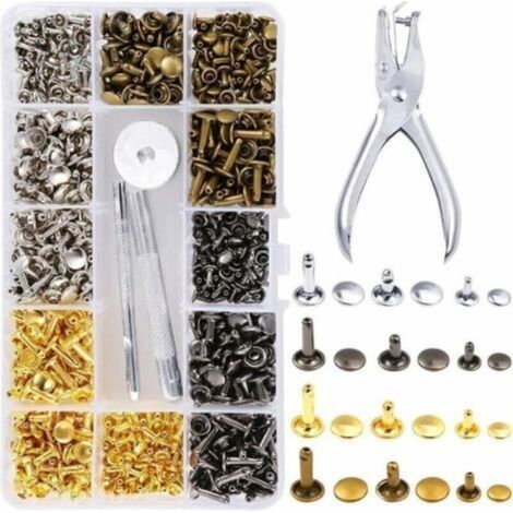 360 rivet cuir Set double Casquette Rivet clous en métal tubulaire 3 tailles avec Punch Pince 3 pièces et outil de configuration kit pour cuir Craft réparation de décoration, 4 couleurs (1/4)