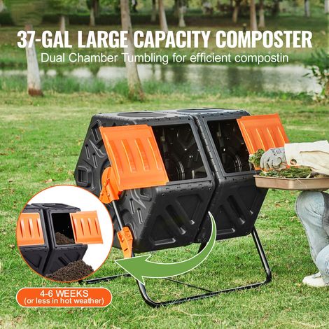 Composteur double chambre 140,1L, bac à compost rotatif 2 compartiments avec portes coulissantes et cadre acier, sans BPA pour jardin, cuisine et extérieur (1/5)