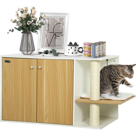 Mobile per gatti in legno con centro giochi, cuscino, palla, sportello laterale e piedini antiscivolo, 94x48x50,5 cm, colore bianco.