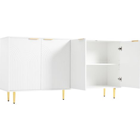 Buffet de salon blanc avec 4 portes, poignées dorées brossées et pieds laqués brillants, 160×80×40 cm (1/5)