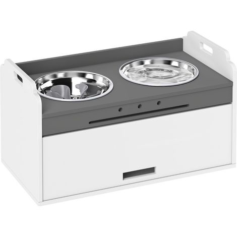 Ciotola rialzata per cani con mobile contenitore, 2 ciotole in acciaio inox, bianco (1/3)