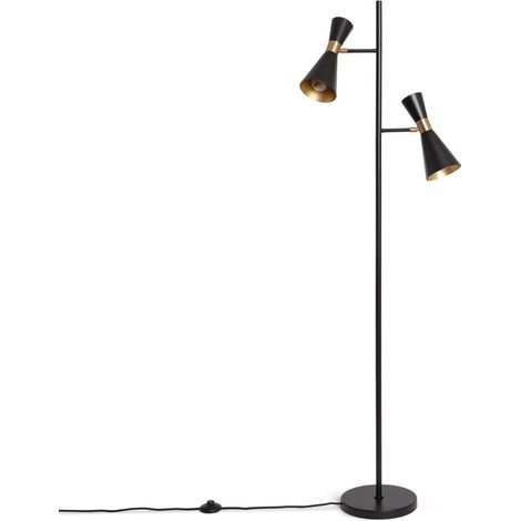 – Lampadaire métal 2 spots Jigger noir mat – Accents dorés – Douille E27 – Éclairage directionnel pour salon et lecture (1/5)