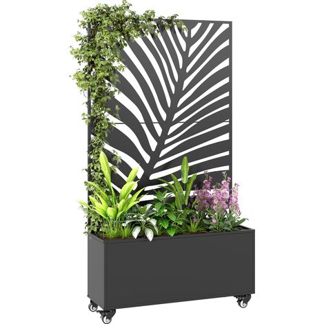 Jardinière avec treillis bac à fleurs brise vue et roulettes verrouillables métal 90 x 30 x 160 cm noir (1/5)