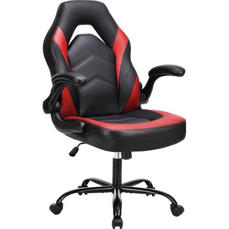 Chaise De Bureau Ergonomique Réglable Et Rotative en Cuir Synthétique avec Accoudoirs Rabattables Noir/Rouge Taille Unique (1/5)