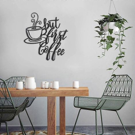 Panneau décoratif en fer forgé « Mais d'abord le café » - Suspension artisanale (1/4)