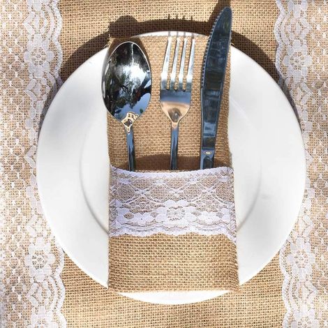 Ahlsen Juego de 60 soportes para utensilios de encaje de arpillera: sostenga cubiertos, cuchillos y tenedores para una boda vintage (1/5)