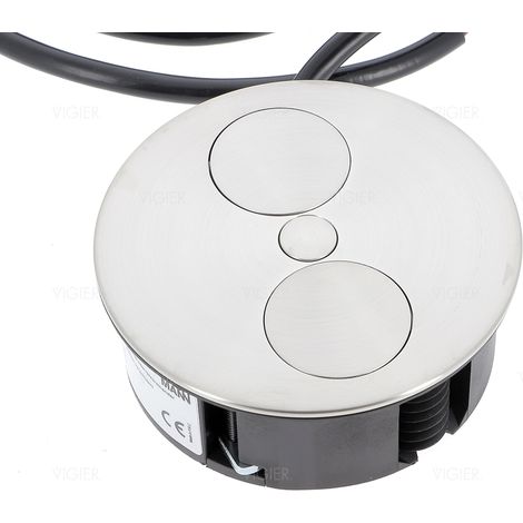 Bloc multiprise encastré rond double prise acier – Profondeur de montage 40 mm – Pour bureaux et cuisines – Chargeur USB intégré – Bachmann