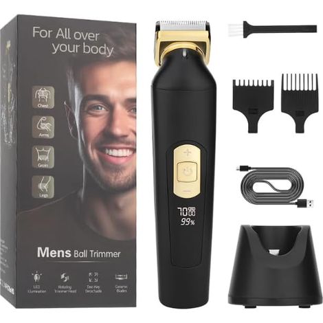 Tondeuse Corps Homme, Tondeuse Intime Homme, Rasoir Intime Homme Lumière LED, Tête de Coupe Rotative, Rechargeable, étanche IPX7, Humide et Sèche, 2 Sabots, pour Aisselles, Visage, Poils (1/5)