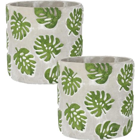 KOTARBAU Lot de 2 pots de fleurs en béton décoratif Motif feuille de fenêtre Monstera 20 cm (1/5)