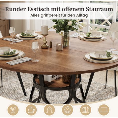 Table ronde salle à manger 100x100x75 cm, table de cuisine 4-6 couverts avec rangement intégré, plateau MDF imitation noyer, piètement métal design, table compacte gain de place. (1/5)