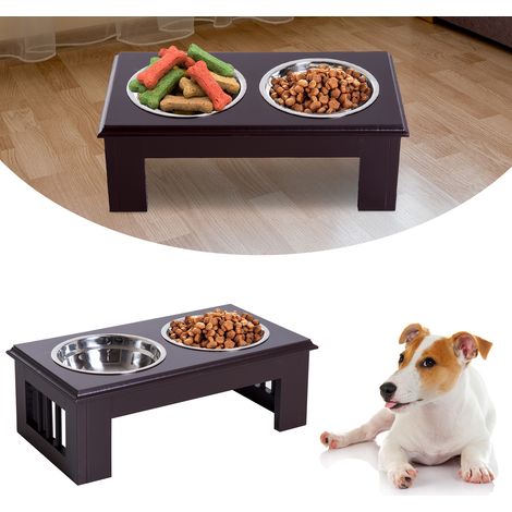 Gamelle surélevée pour chien avec 2 bols inox 900 ml, couleur espresso, station d’alimentation pour petits chiens et chats (1/4)
