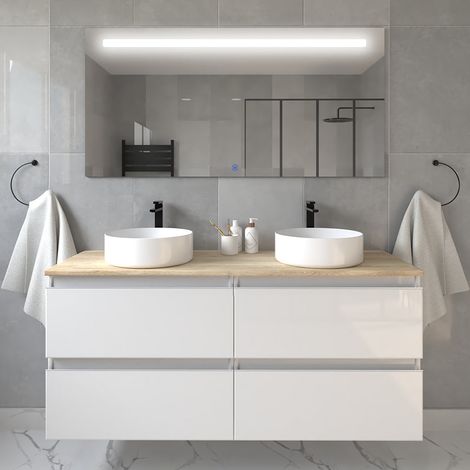 Meuble de salle de bain avec vasques rondes - blanc - BALEA et miroir Led STAM - 120cm (1/5)
