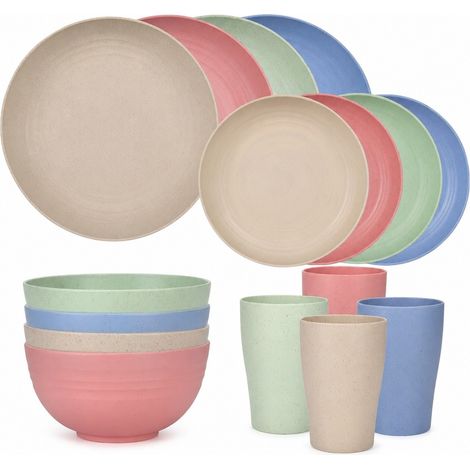 Service de table en paille de blé, noir, 16 pièces, assiettes, bols, tasses, style nordique, compatible micro-ondes (1/5)