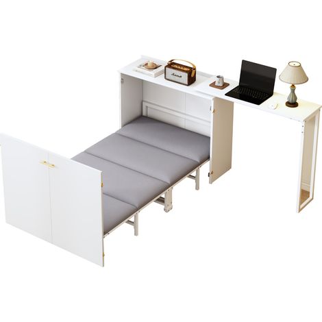 Lit pliant avec bureau pivotant et matelas, lit armoire peu encombrant à roulettes, idéal pour petits espaces, chambre d'amis et bureau à domicile (1/5)