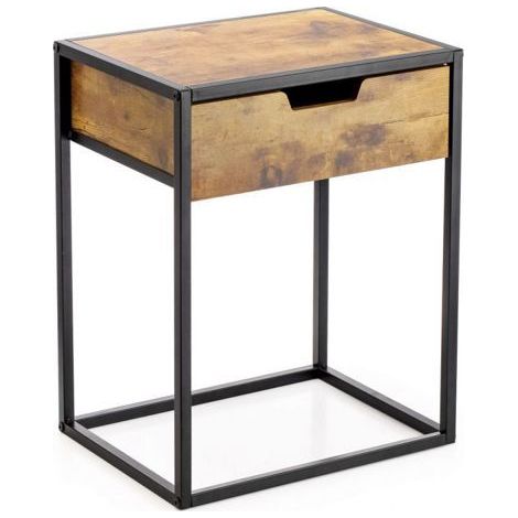 Table de chevet - JUANIO - 1 tiroir - Effet bois vintage - Structure métallique noire - Design industriel (1/3)