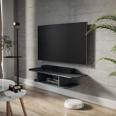 Meuble tv Lorio, Béton noir, 105x18.2cm avec compartiments ouverts, Vicco