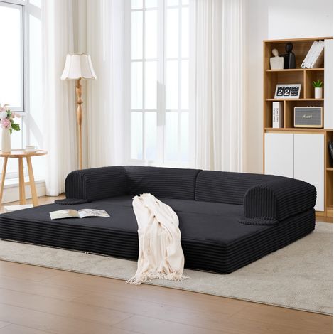 Sofá cama futón 2 plazas convertible en cama, tejido acanalado suave 190 x 78 x 65 cm negro OKWISH (1/5)