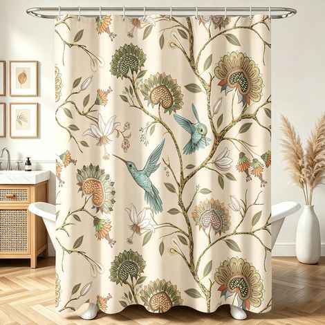 Rideau de douche 180 x 200 cm - Motif arbre à oiseaux gris - Ourlet lesté - Anti-moisissure - Imperméable - Lavable - En polyester - Avec 12 œillets et anneaux de rideau de douche - Pour salle (1/5)