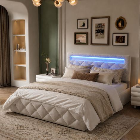 Lit coffre 160x200 cm – LED – port USB – tête de lit réglable capitonnée velours beige (1/5)