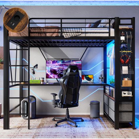 Cama alta moderna 90x200 cm de metal negro con escritorio, 4 cajones, estantes, barra, LED y puertos USB-C