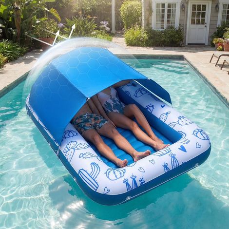 Détente et Bronzage sur l'Eau Chaise Longue Flottante Gonflable avec Pare-Soleil UPF 50+ Oreiller et Porte-Gobelet Bleu (1/5)