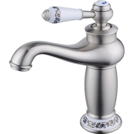 Waschtischarmatur gebürstetes Nickel mit Keramikgriff, Einhebelmischer, Messingkörper (1/5)