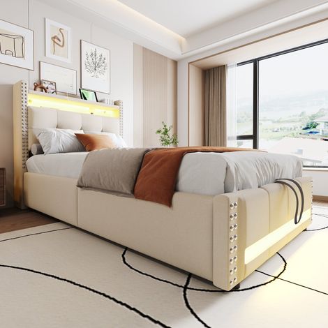 Lit coffre enfant 90x200 cm beige en tissu lin avec LED, prise USB, tête de lit avec étagères, rangement hydraulique, sommier à lattes inclus, sans matelas (1/5)