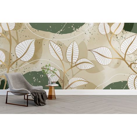 Papier peint nature - fines feuilles blanches sur fond kaki pastel - 400 x 260 cm (1/2)