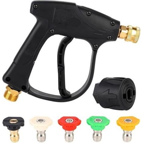 Pistolet de nettoyage haute pression avec 5 embouts de buse d'eau, pistolet de lavage à buse courte, pistolet de lavage de voiture avec interface de tuyau M22 de 14 mm et adaptateur (1/5)