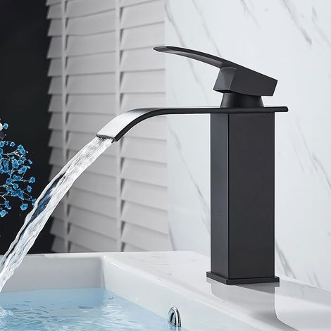 Robinet de salle de bain cascade en acier inoxydable et laiton, économie d'eau, robinet de lavabo, bec chaud et froid, mitigeur de lavabo à levier unique (noir - court - H) (1/5)