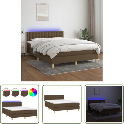 The Living Store Sommier à lattes de lit matelas et LED Marron foncé 140x190 cm - Sommier Tapissier - Lit Plateforme - Lit Avec Rangement - Matelas À Ressorts Ensachés - Têted Lit Ajustable (1/5)