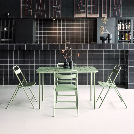 sweeek - Table de jardin métal + 4 assises vert. Amelia L 120 x 70 x 72.5cm (1/5)