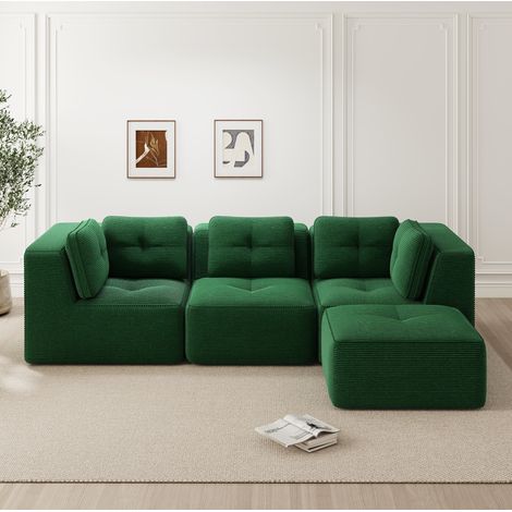 Modulares Ecksofa grün aus Cord mit Ottomane, tiefer Sitzfläche und montagefreier Nutzung (1/5)