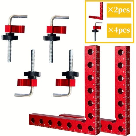 Deux jeux de serre-joints à angle droit de 90 degrés pour le travail du bois, utilisés pour un positionnement et une mesure précis. (1/5)