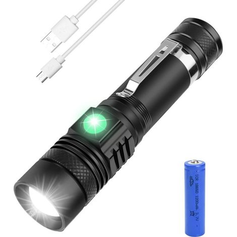 USB Rechargeable Flashlight, LED Torch, 3 Modes, Waterproof, Shockproof and Zoomable with 1 18650 Battery and USB Charger for Home Use, Camping, Emergency Lighting (1/5)