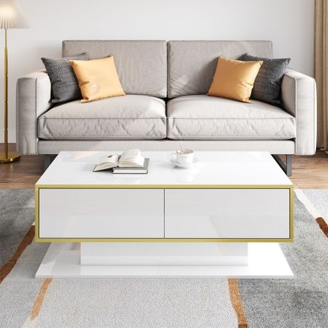 Table basse LED moderne 100x50x40cm,3 tiroirs de rangement ,Bande lumineuse LED USB (adaptateur/powerbank requis), Blanc (1/5)
